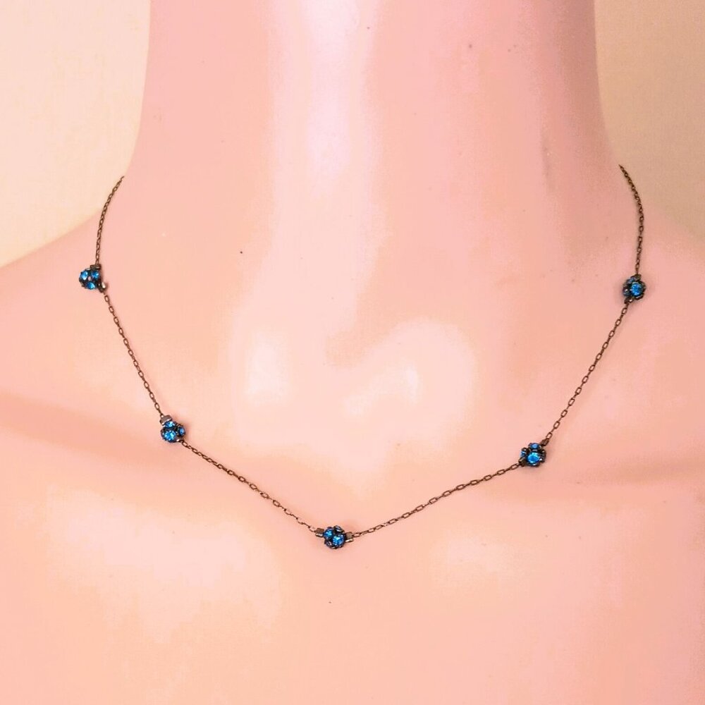 1928 Blue Cluster Bead Station Necklace 16" Dainty Choker Women's Retro Jewelry